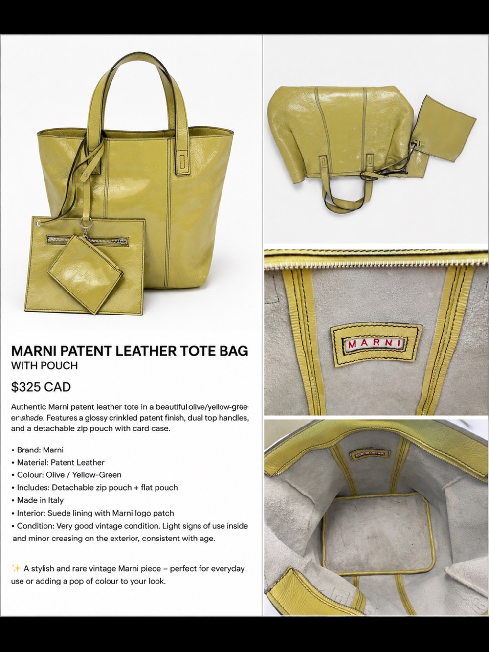 Marni Olive Yellow-Green Patent Leather Tote with Pouch